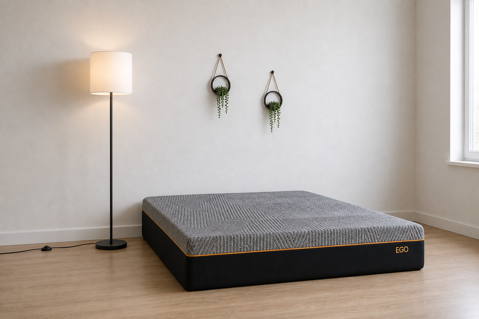 Affordable bedroom concept with a mattress, floor lamp, and hanging wall decor