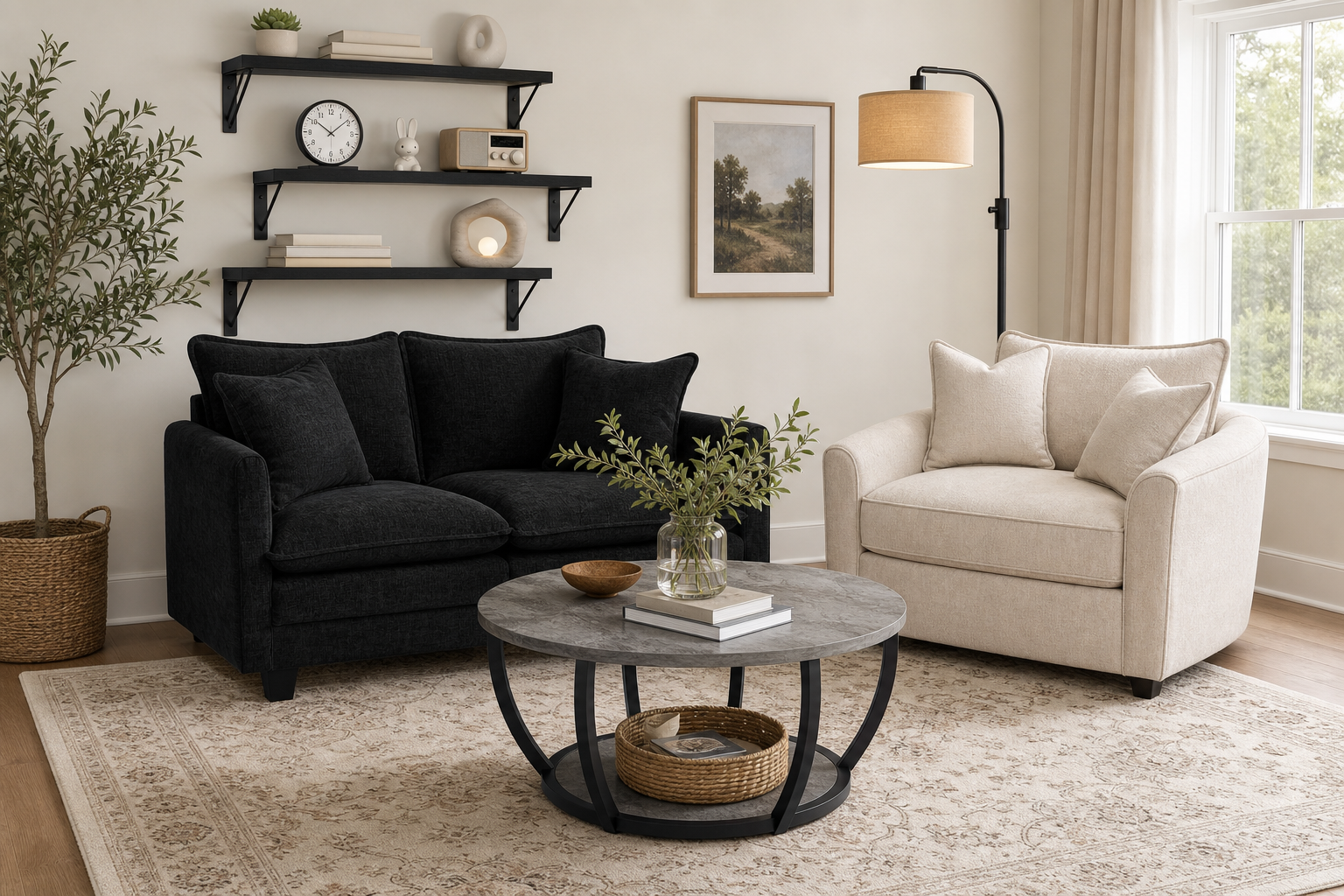Black, gold, and warm cream living room for $574.33 generated room concept