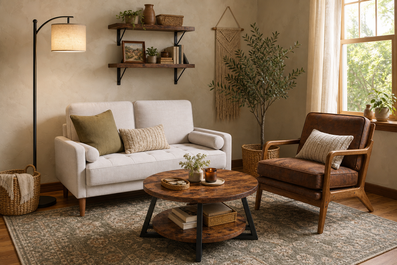Terracotta, walnut, and ivory living room for $780.61 generated room concept