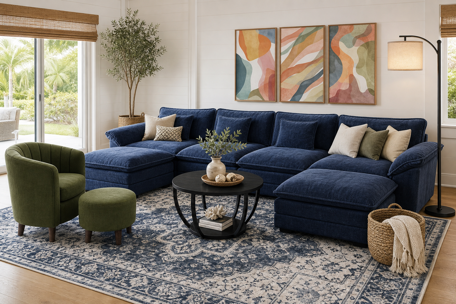 Navy, white, and natural wood living room for $1,296.84 generated room concept