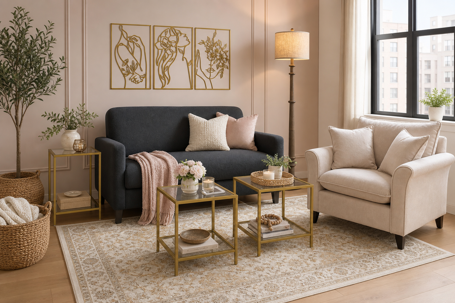 Charcoal, blush, and brass living room for $520.63 generated room concept