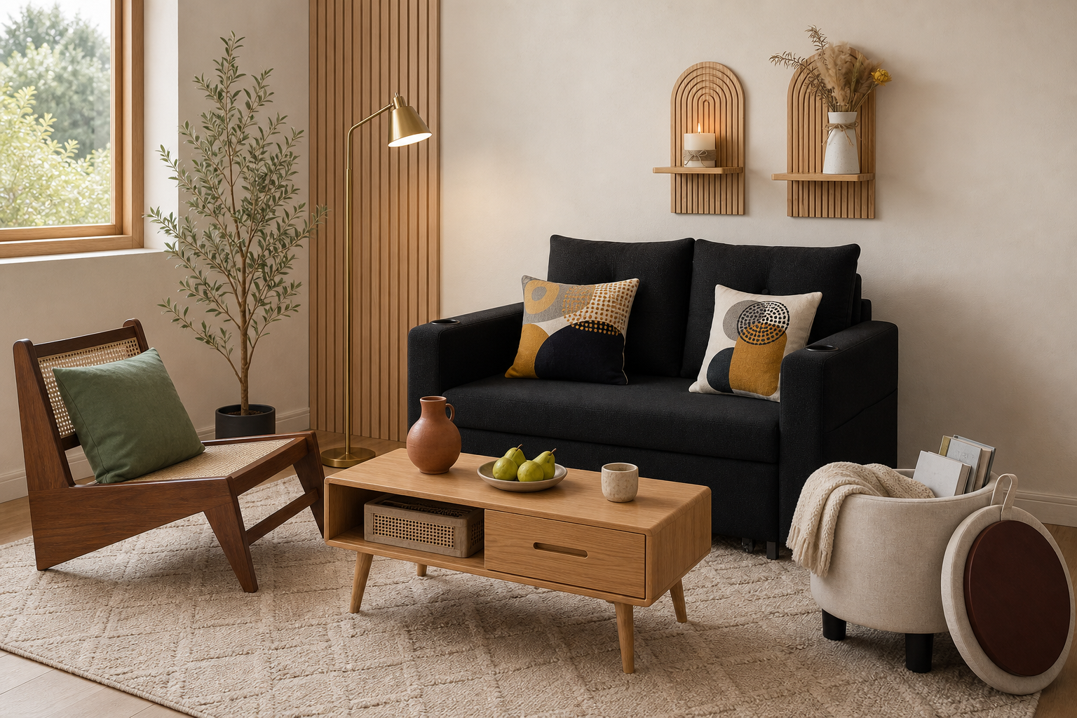 Budget Amazon living room idea with warm neutral seating, wood table, lamp, and wall decor