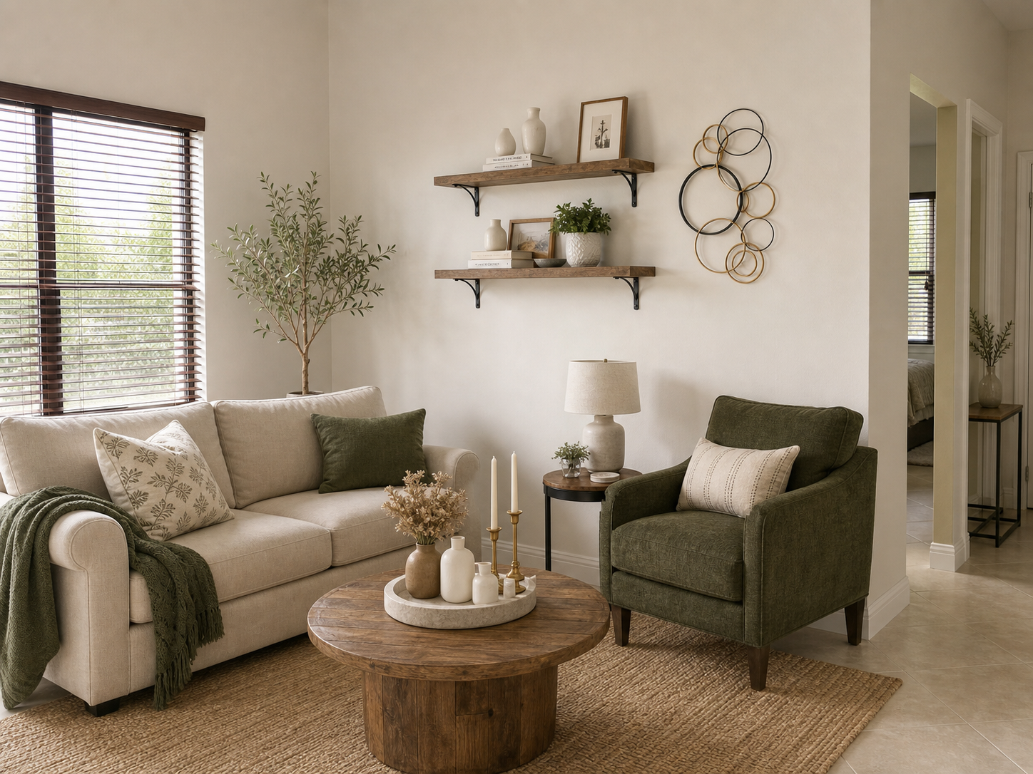 Living room concept with floating shelves, wall decor, vases, candle holders, and coffee table decorations